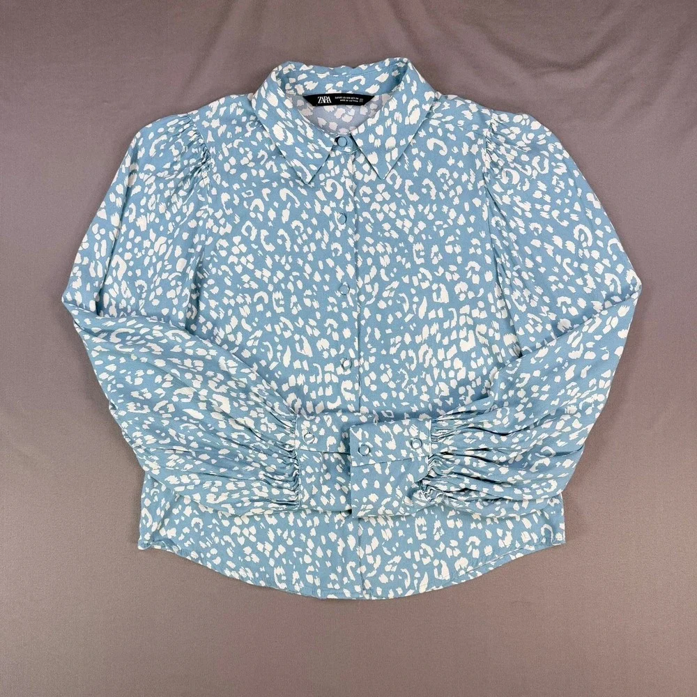 ZARA Womens XS Blue White Animal Print Long Sleeve Button Down Blouse Top Retro